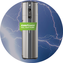 Rheem AmbiPower MDc-180 Heat Pump on a blue stormy sky with lightning bolts and green text banner